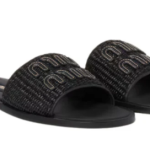 MIU MIU Raffia-effect woven fabric slides black