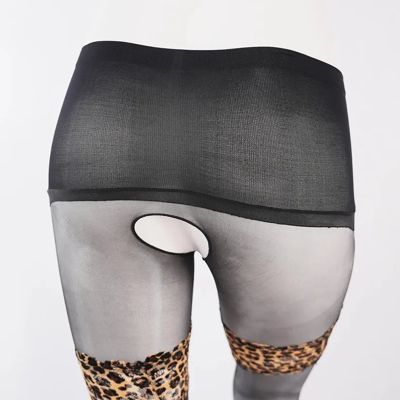 Leopard Print Thigh High Pantyhose Over Knee Glossy Sheer