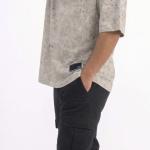 Beige Oversized Fashion T-Shirt with Knit Collar