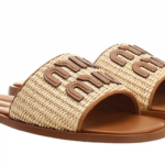 MIU MIU Raffia-effect woven fabric slides Natural