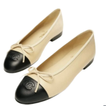 Chanel Beige/Black Leather CC Bow Cap Toe Ballet Flats