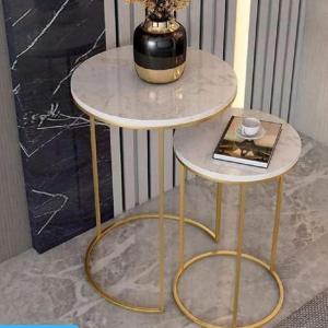 Steel and Marble wood Side Tables Set 2 Pieces