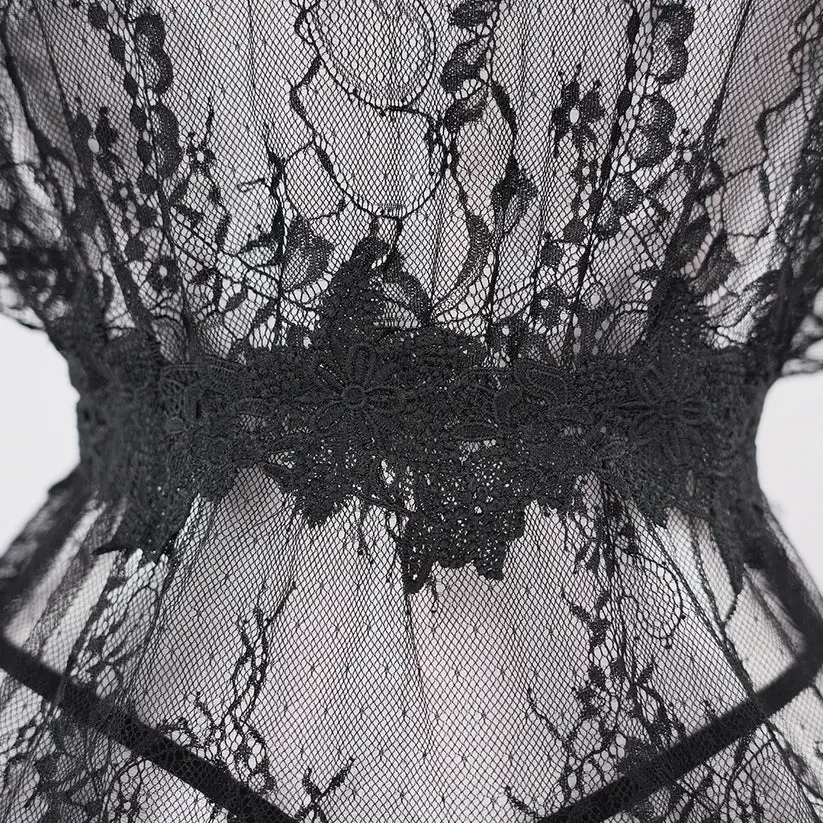 Black Lace Embroidery High Slit See-Through Seduction Negligee Panty Set