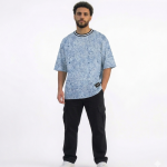 Blue oversized fashion T-shirt with knit collar, available in sizes M to 2XL