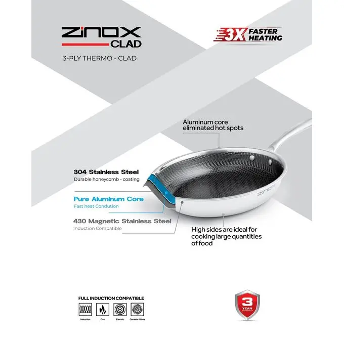 Zinox 24 سممقلاية زينوكس كلاد تكنولوجيا ثلاثية الطبقات بتضمن توزيع حراري مثالي وكفاءة أعلى في الطهي سطح مزود بنمط سداسي . مدعوم بضمان لمدة 3 سنوات.