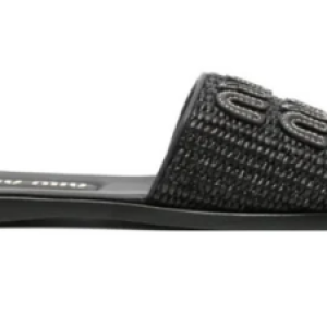MIU MIU Raffia-effect woven fabric slides black