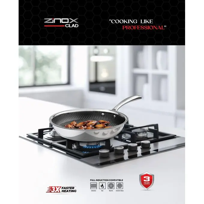 Zinox مقلاية زينوكس كلاد تكنولوجيا ثلاثية الطبقات بتضمن توزيع حراري مثالي وكفاءة أعلى في الطهي سطح مزود بنمط سداسي . مدعوم بضمان لمدة 3 سنوات.