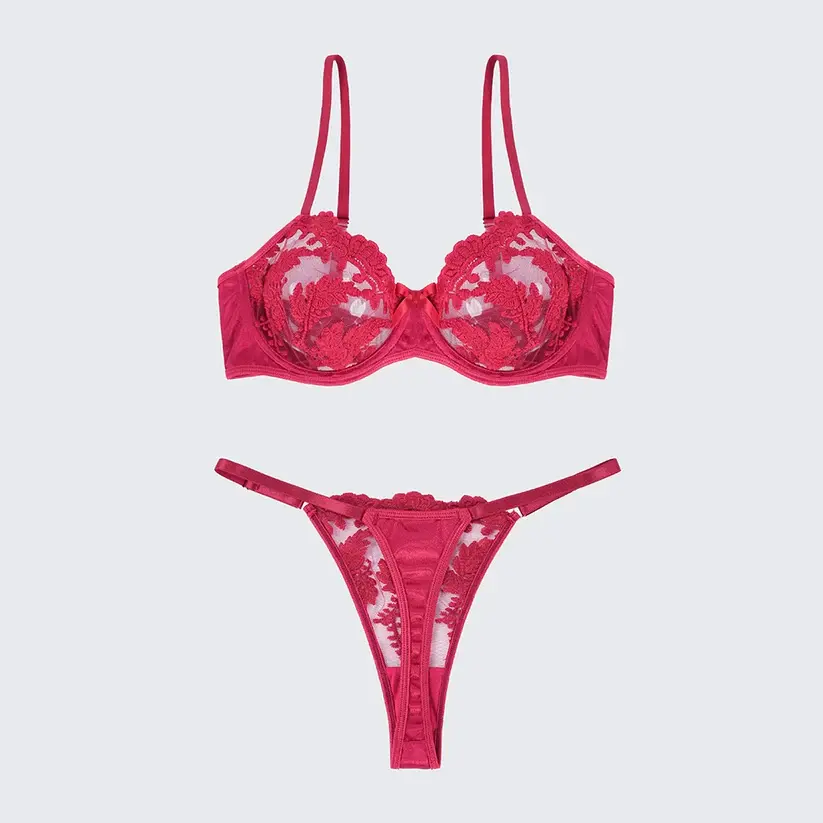 Sexy Mesh Embroidered See-Through Bra Thong Lingerie Set