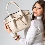 Belted Pebbled Hand Bag - beige