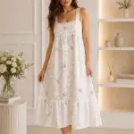Coral Daisy Embroidered Cotton Dress