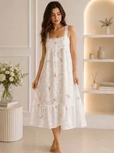 Coral Daisy Embroidered Cotton Dress