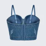 Rhinestone Denim Corset Top Underwire Bustier Spaghetti Strap Crop Top