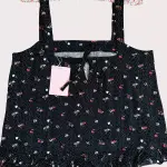 Black Floral Frill Linen x Cotton Cami Set