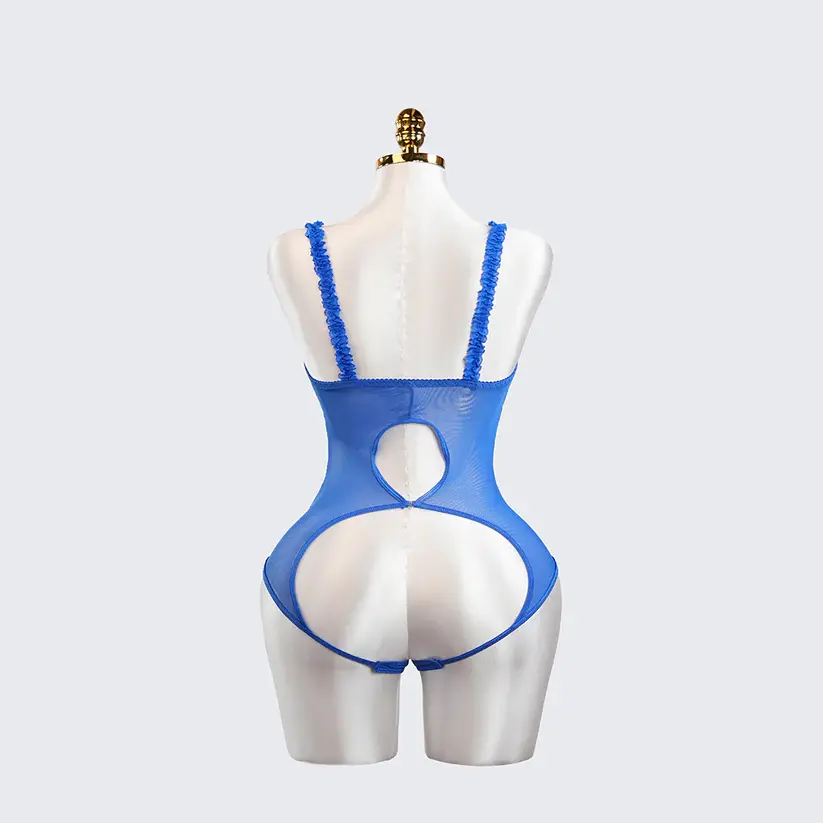 Blue Lace Embroidered Open Crotch Bodysuit