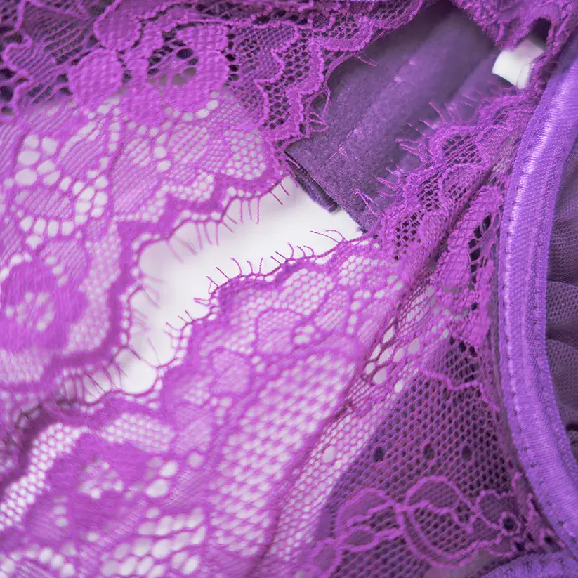Purple Lace Embroidered Stockings Bra Panty Set
