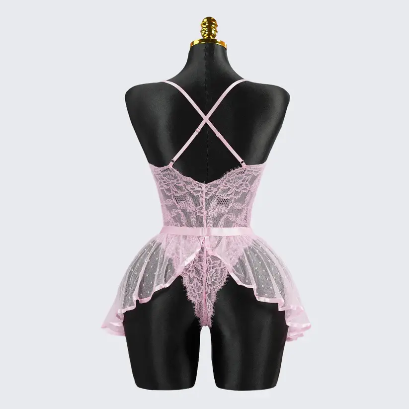 Sexy Pink Lace Embroidery Seduction Bodysuit Skirt Set