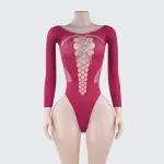 Rhinestone Long Sleeve Bodysuit Cutout See-Through Lingerie