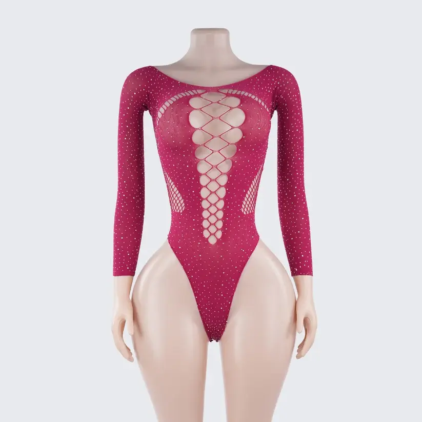 Rhinestone Long Sleeve Bodysuit Cutout See-Through Lingerie