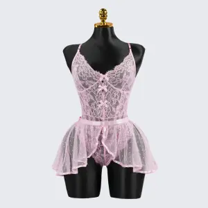 Sexy Pink Lace Embroidery Seduction Bodysuit Skirt Set