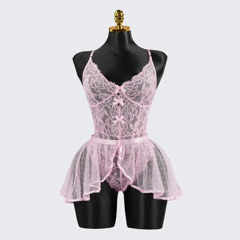 Sexy Pink Lace Embroidery Seduction Bodysuit Skirt Set