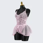 Sexy Pink Lace Embroidery Seduction Bodysuit Skirt Set