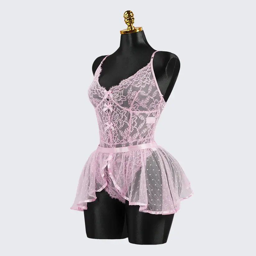 Sexy Pink Lace Embroidery Seduction Bodysuit Skirt Set