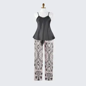 Silk Spaghetti Strap Lace Trim Camisole Pants Sleepwear Set