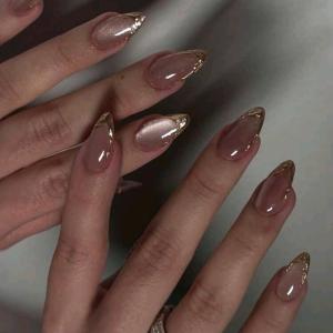 10pcs pink cat eye gold line decor french nails