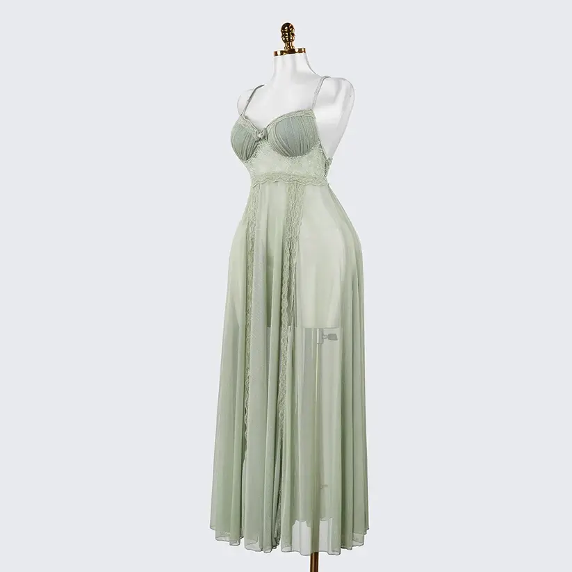 Elegant Seductive Mesh Embroidered Spaghetti Strap Long Dress