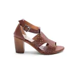 Leather Block Heel Sandals – Perforated Design - C-69