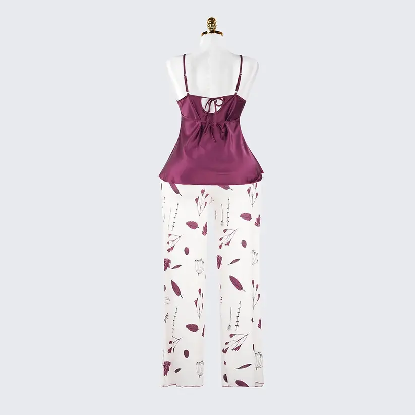 Silk Lace Trim Cutout Camisole Pants Sleepwear Set