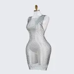 Rhinestone Crystal Square Neck Sleeveless Fishnet Dress