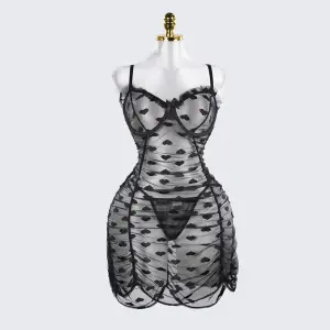Plus Size See-Through Mesh Heart Lace Dress Lingerie Set