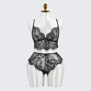 Sexy Black Lace Embroidery Lingerie See-Through Sexy Bra Panties Set