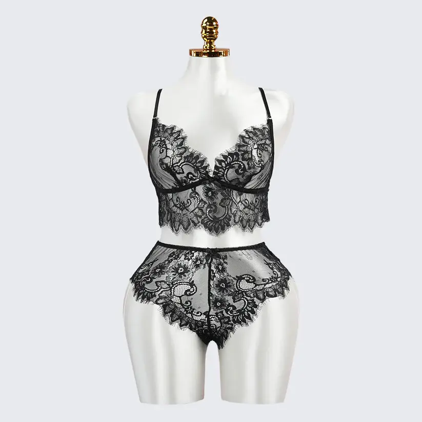 Sexy Black Lace Embroidery Lingerie See-Through Sexy Bra Panties Set