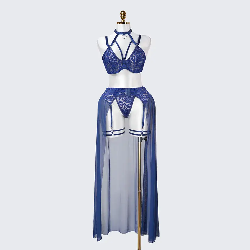 Plus Size Navy Blue Lace Tie Up Lingerie Bra Dress Set