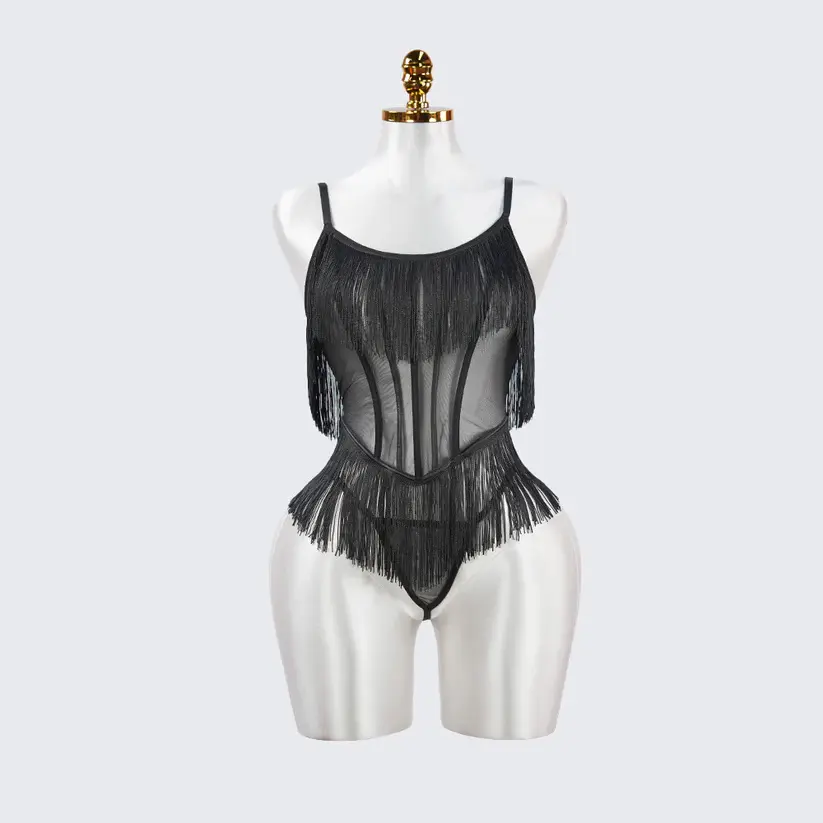Black Sheer Fringe Corset Panty Set