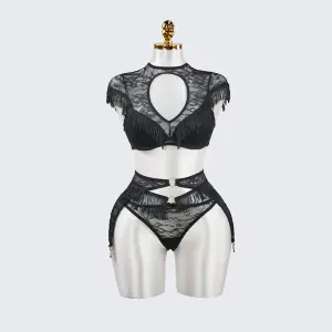 Fringe Sheer Halter Top Panty Set
