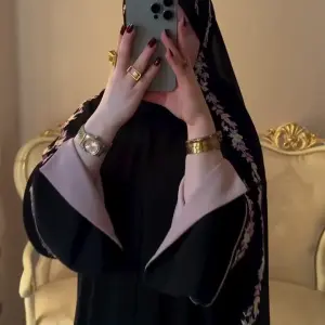 Black Embroidered Abaya with Pink Cuff Details