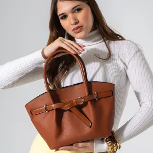 Belted Pebbled Hand Bag - camel