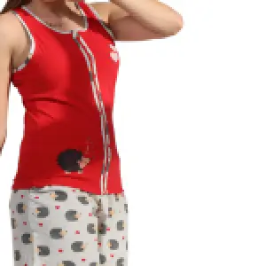 Women’s Cotton Pajama Set – Red Sleeveless Top & Printed Shorts