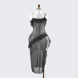 Sparkly Spaghetti Strap Mesh Ruffled Sheer Nightwear Dress Lingerie