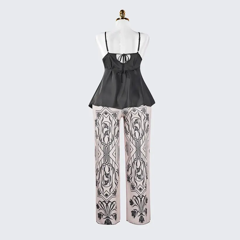 Silk Spaghetti Strap Lace Trim Camisole Pants Sleepwear Set