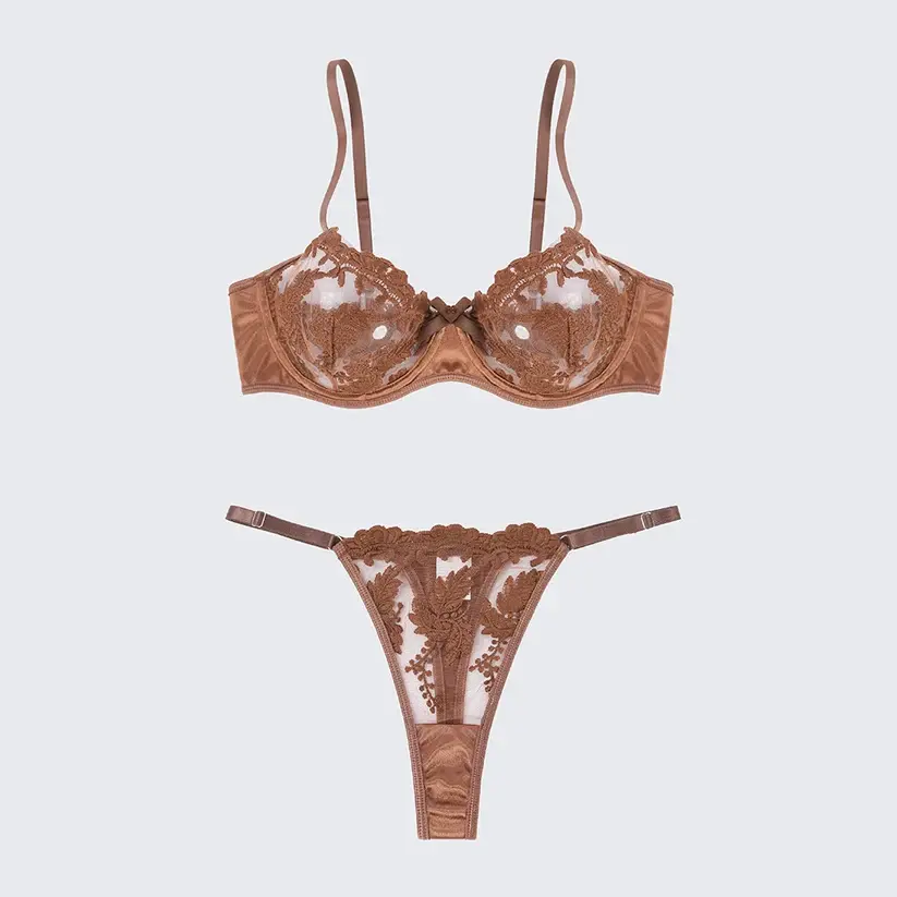 Sexy Mesh Embroidered See-Through Bra Thong Lingerie Set