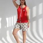 Women’s Cotton Pajama Set – Red Sleeveless Top & Printed Shorts