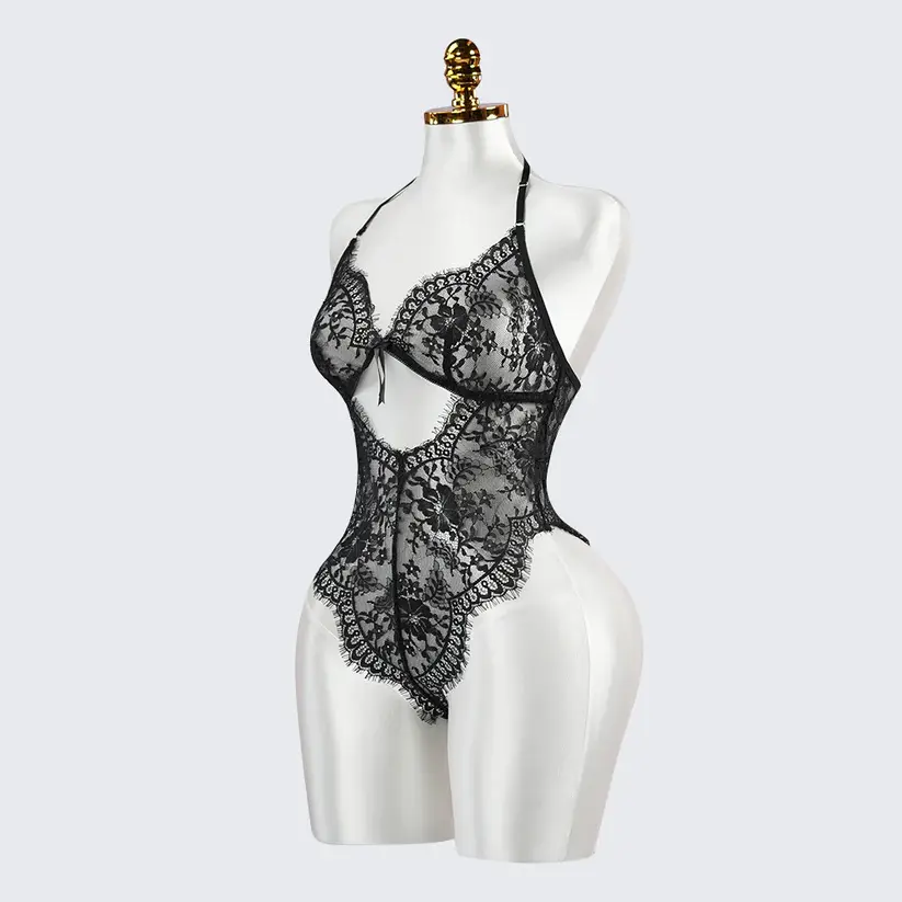 Black Floral Lace Embroidery See-through Bodysuit