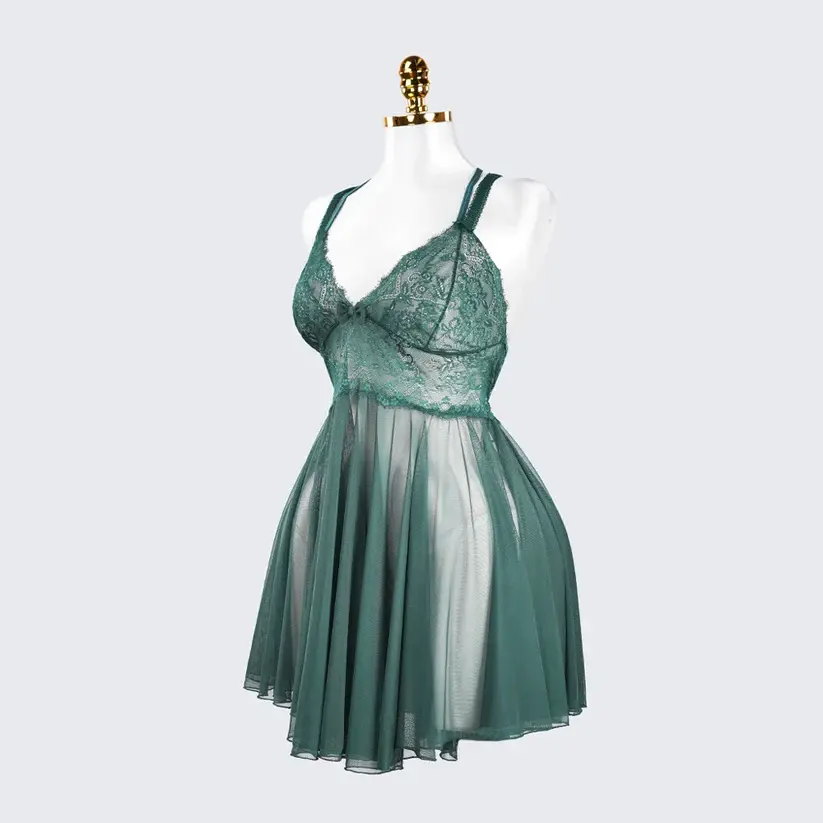 Sheer Fine Mesh Embroidered Babydoll Spaghetti Strap Lingerie