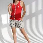 Women’s Cotton Pajama Set – Red Sleeveless Top & Printed Shorts