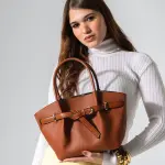 Belted Pebbled Hand Bag - camel