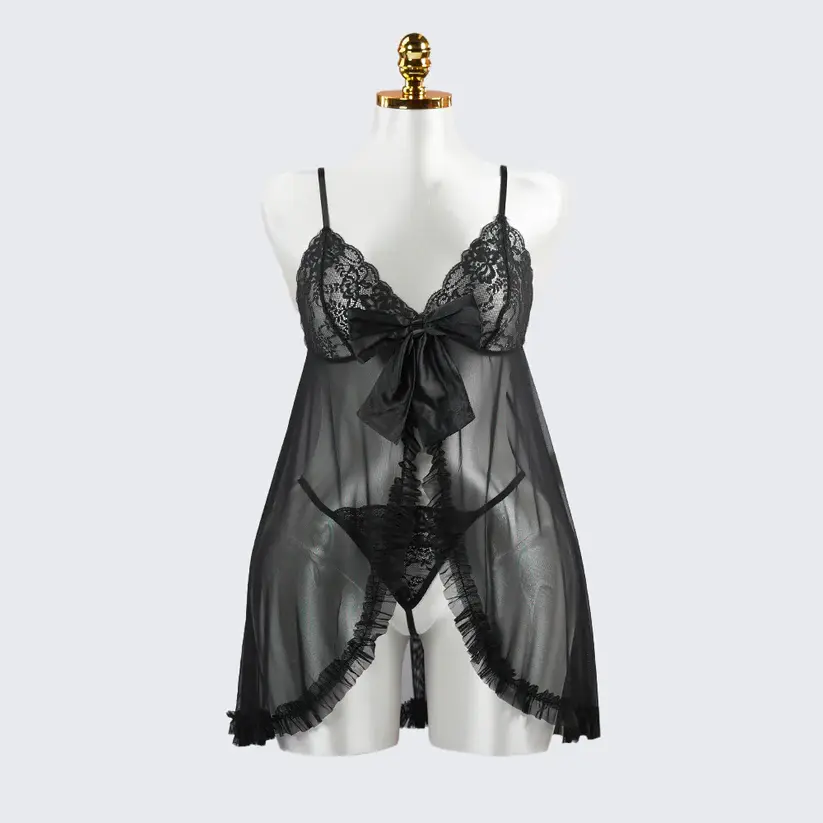 Black Lace Embroidery See-through Hollow Babydolls Lingerie